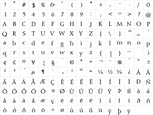 Cally 721 Bold  glyph index