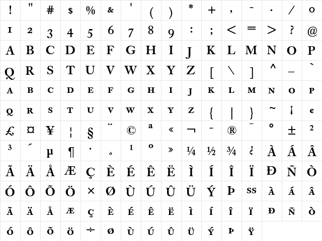 Caslon Book BE Medium SC  glyph index