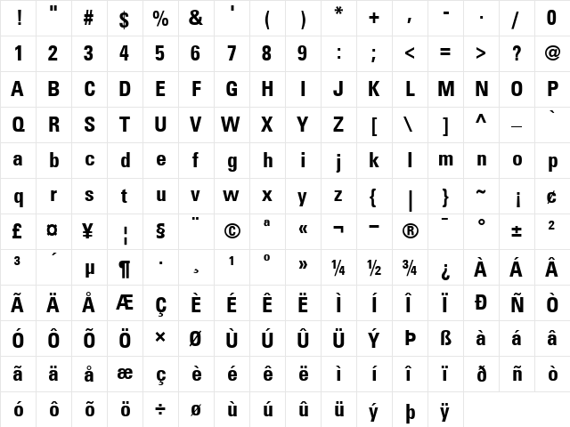 Univers67-Condensed Bold  glyph index