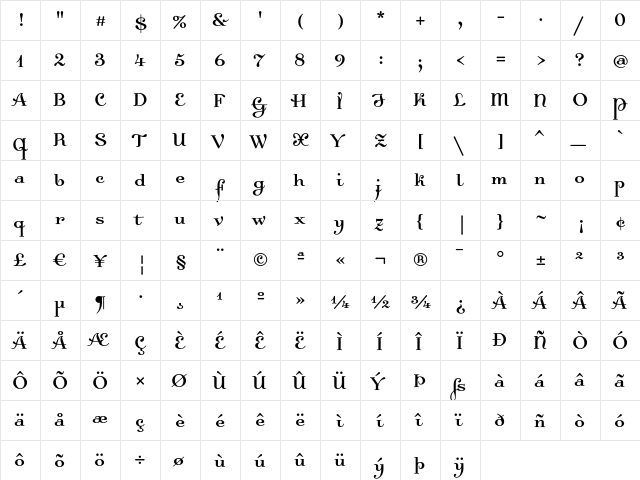 Dalliance Roman  glyph index