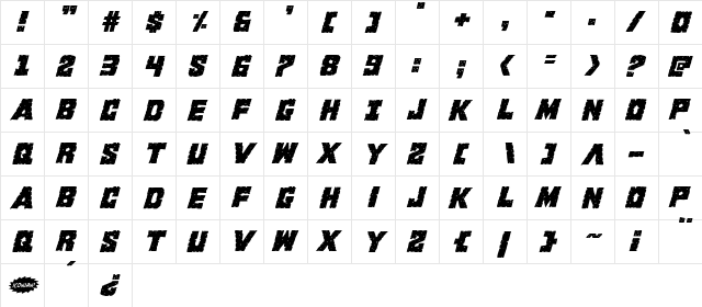 King Commando Italic Italic  glyph index