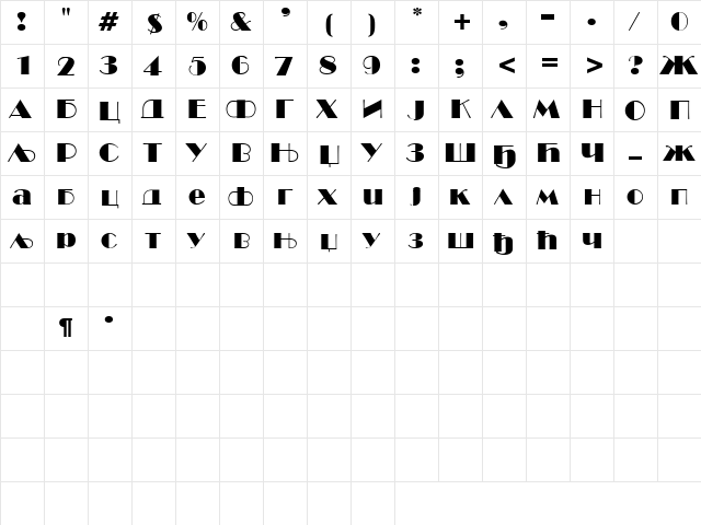 Broadway Cirilica Regular  glyph index