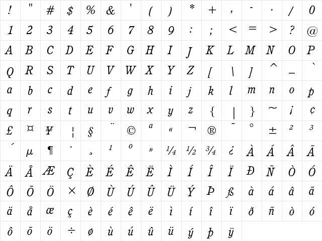 ITC Cushing Book Italic  glyph index