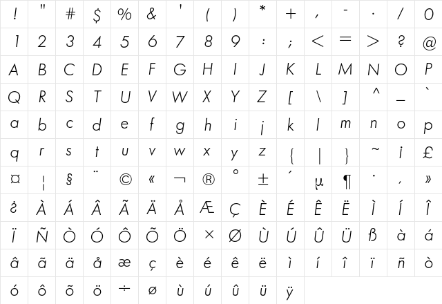 Futura BQ Regular  glyph index