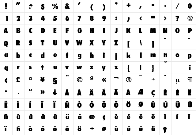 LimerickCond-Serial-Heavy Regular  glyph index