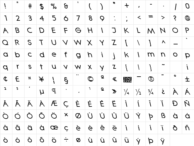 LitheLefty Bold  glyph index