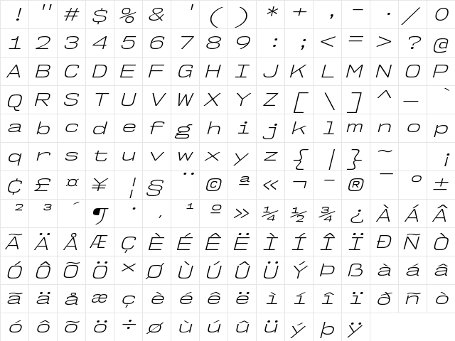 NK57 Monospace Expanded Light Italic  glyph index