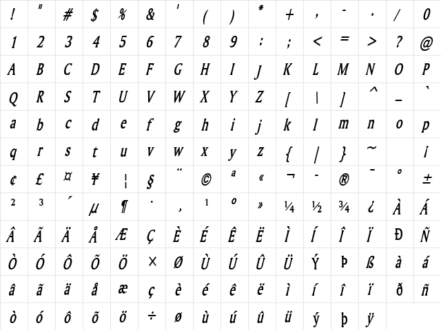 Ameretto Thin BoldItalic  glyph index