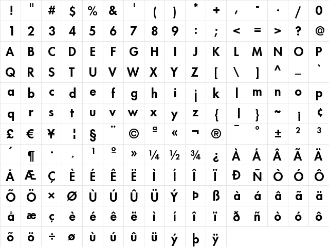 Futura LT Heavy  glyph index