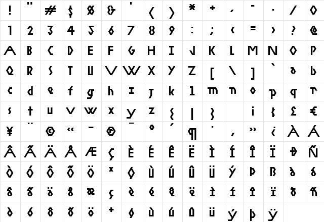 Vacant Bold Regular  glyph index