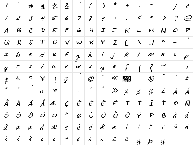 VansHand Italic  glyph index