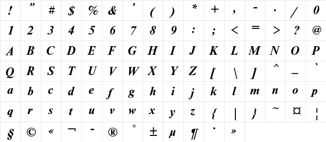 NewtonC Bold Italic  glyph index