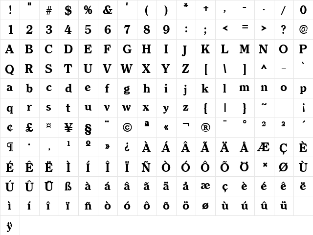 ClearfaceLH Bold  glyph index