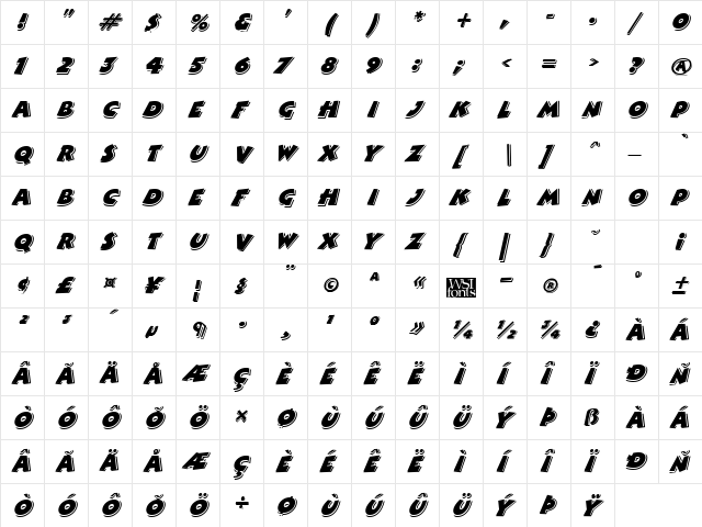 ComixHighlight Italic  glyph index