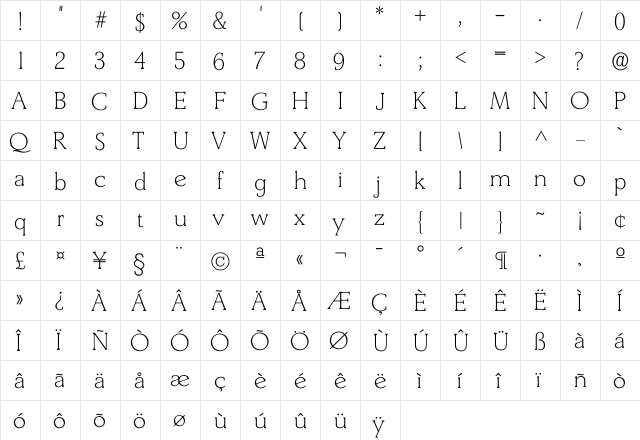 Derrin Xlight  glyph index
