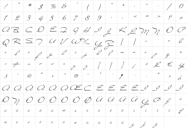 Miss Stanfort Regular  glyph index