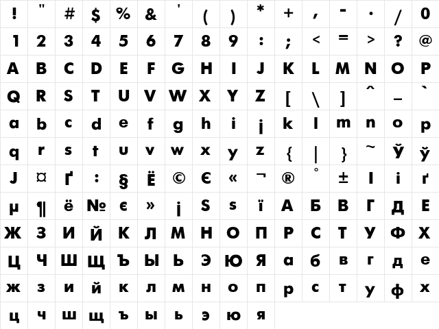 Futuris Bold  glyph index