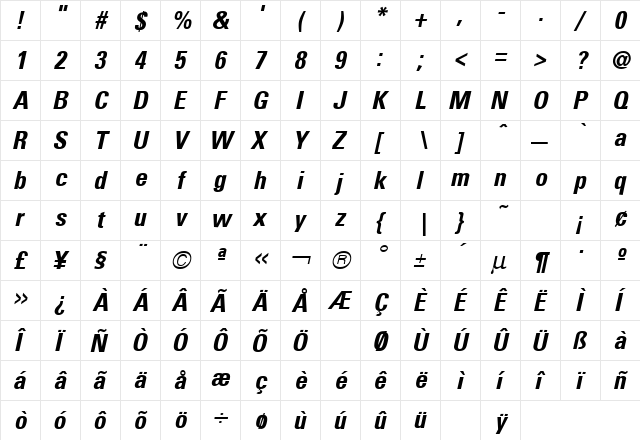 Uniform Bold Italic  glyph index