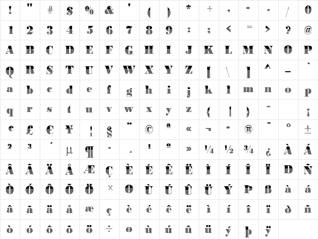 BodoniVert3 Regular  glyph index