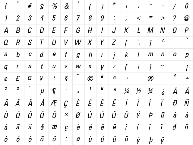 NovaCondSSK Italic  glyph index