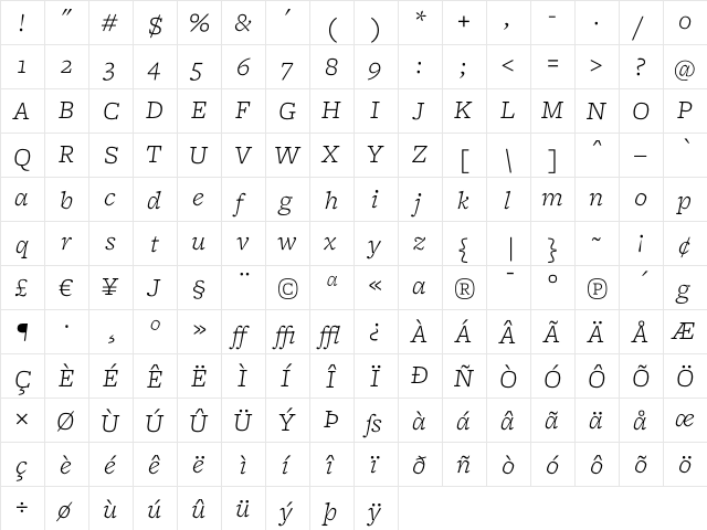 Freight Micro Light Italic  glyph index