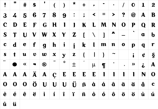 Sadness Regular  glyph index
