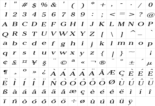 Chelsey Extended Italic  glyph index