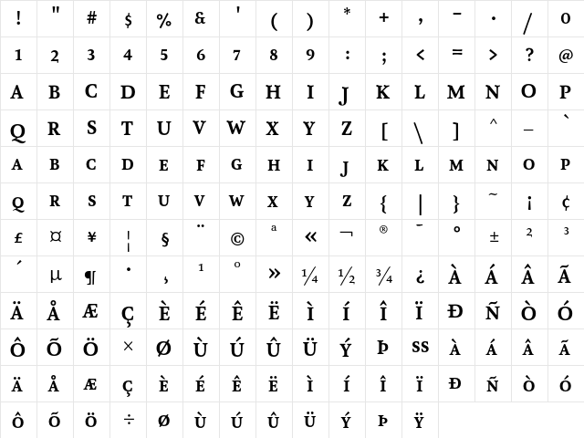 AtmaSerifLF-BoldRomanMC Regular  glyph index