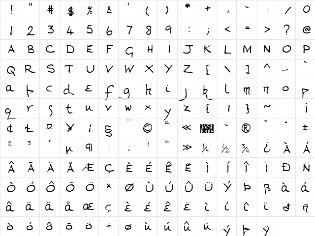 ValeriesHand Regular  glyph index