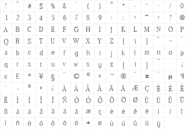 Toledo-Serial-ExtraLight Regular  glyph index