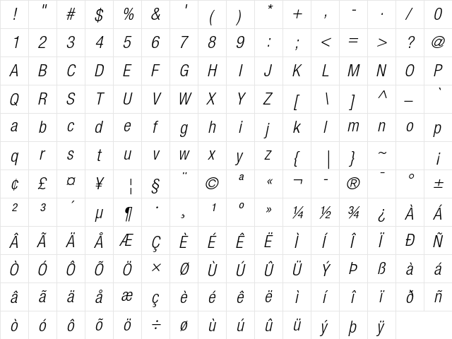 Helvetica Neue LT Std 47 Light Condensed Oblique  glyph index