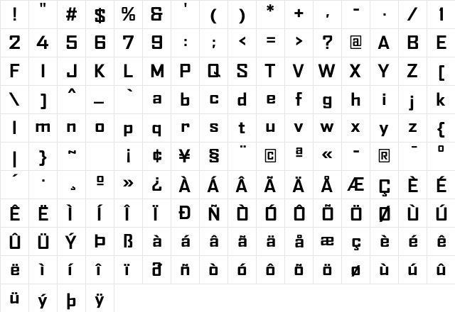 AgencyFB Bold Wide Regular  glyph index