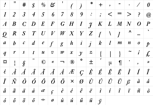 Ehrhardt BQ Regular  glyph index
