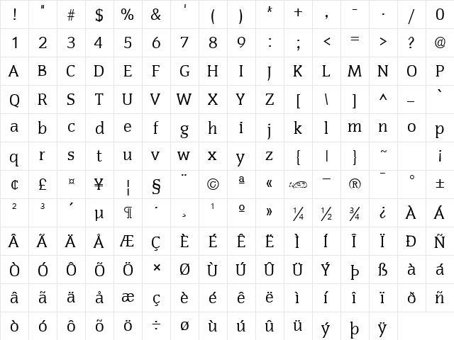 Senate Regular  glyph index