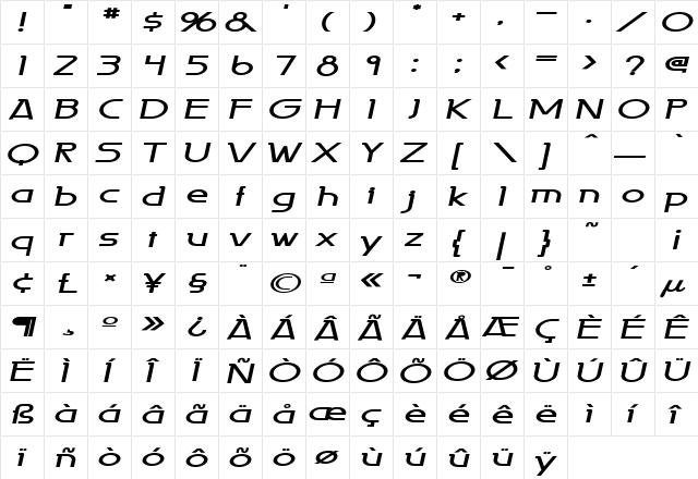 Persia Extended Bold Italic  glyph index