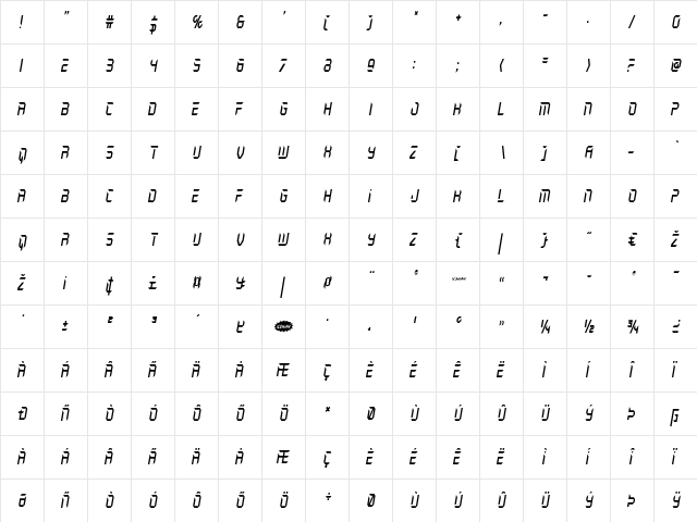 Holo-Jacket Condensed Italic Condensed Italic  glyph index