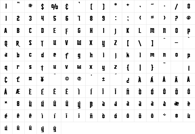 SF Ironsides Bold  glyph index