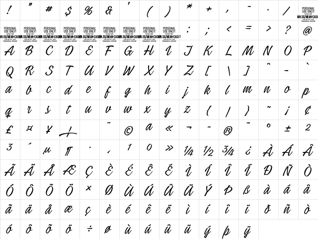 Mean Casat Thin PERSONAL USE Regular  glyph index