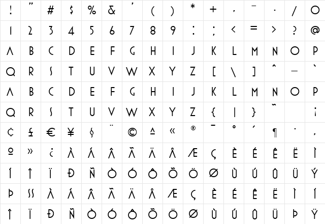 MostraThree Regular  glyph index