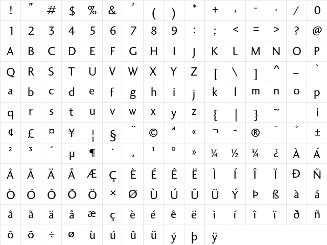 Charlotte Sans Std Book  glyph index