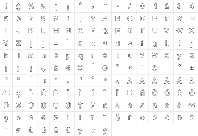 Helvetica Neue LT Regular  glyph index
