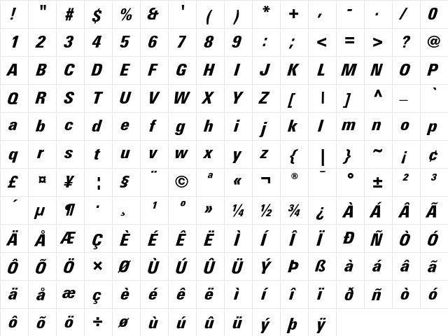 LinotypeUnivers CondBlackItalic  glyph index