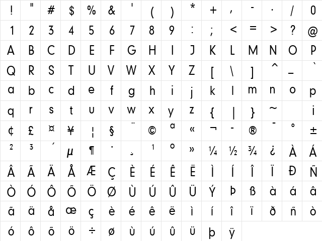 Geo 579 Condensed Normal  glyph index