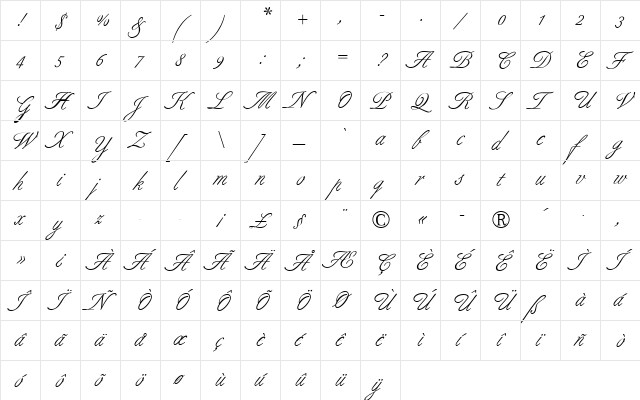 Berthold Script BQ Regular  glyph index