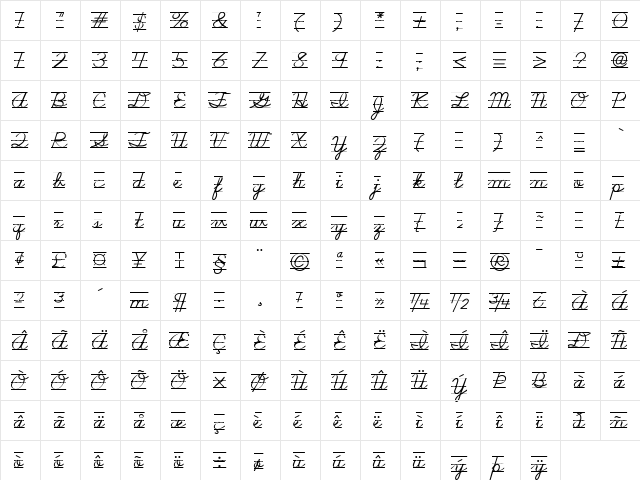 SchoolScriptDashed Regular  glyph index