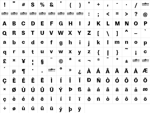 Boring Sans B Trial Bold  glyph index