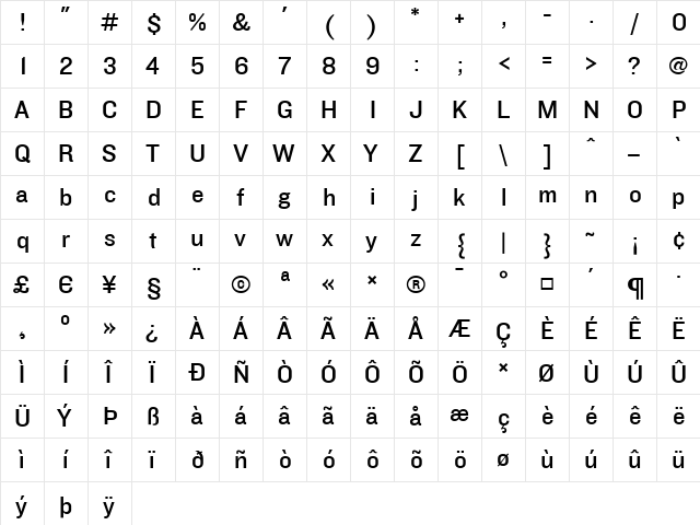 Knockout Medium  glyph index