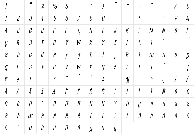 SF Gothican Bold Oblique  glyph index
