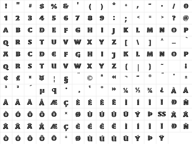 Moonglow Bold  glyph index