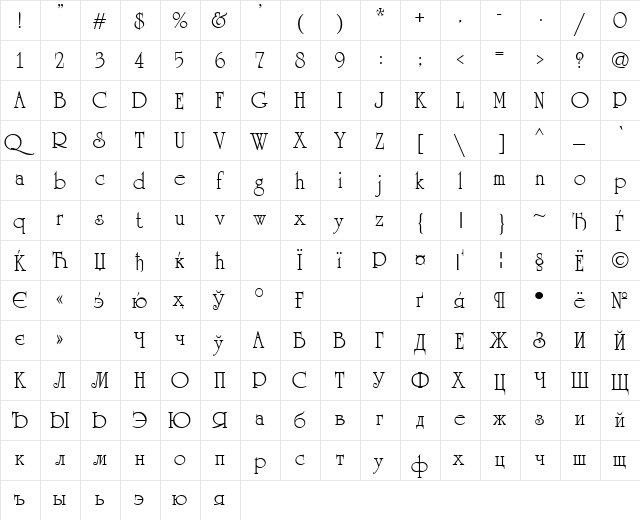 CyrillicUniversity Normal  glyph index